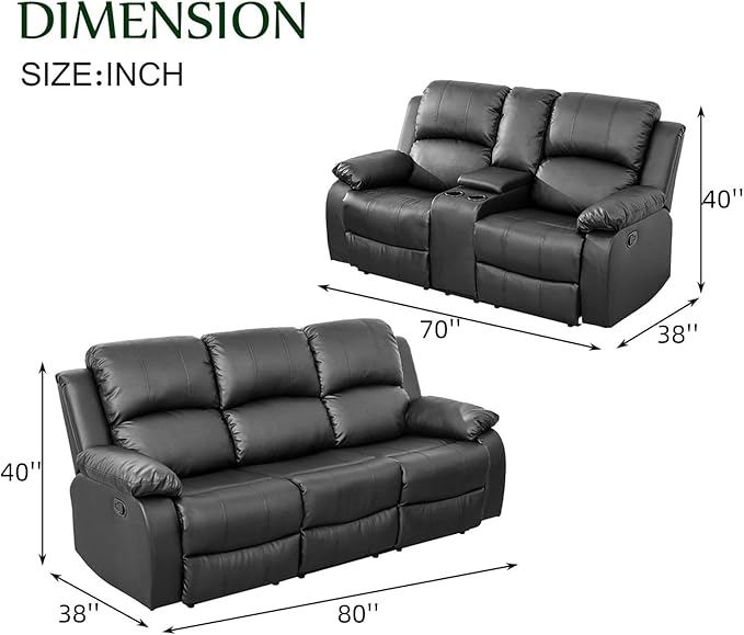 Caberryne Leather Recliner Sofa Set, 2 Pieces, Black, Modern Style, for Living Room/Office/Theater Seating