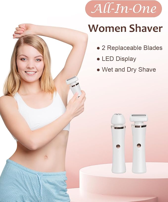Facial Hair Remover for Women - 2-in-1 Electric Painless Face Hair Removal Shaver Device - Waterproof Face Trimmer & Body Epilator - Rechargeable Razor with 2 Heads for Lips Arms Legs Bikini Body