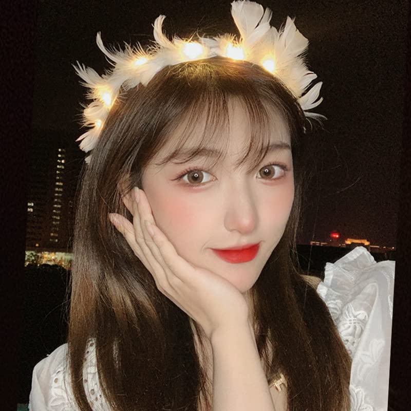 winvin LED Feather Wreath Crown Headband Light-Up Angel Halo Headband For Girl Women Festival Holiday Wedding Party Cosplay