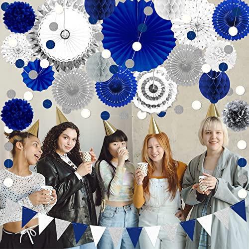 Blue and Sliver Party Decorations, 23Pcs Blue Birthday Decorations with Hanging Paper Fans, Pom Poms Flowers Packs for Gra...
