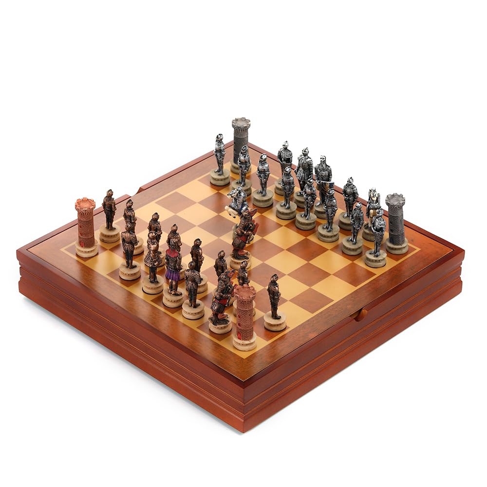 Themed Chess Set Handmade Chess Set Medieval Knights Theme Resin Chess Pieces and Solid Wooden Chess Board with Storage Medieval Chess Set Gift for Birthday Thanksgiving Christmas for Adults 2 Players