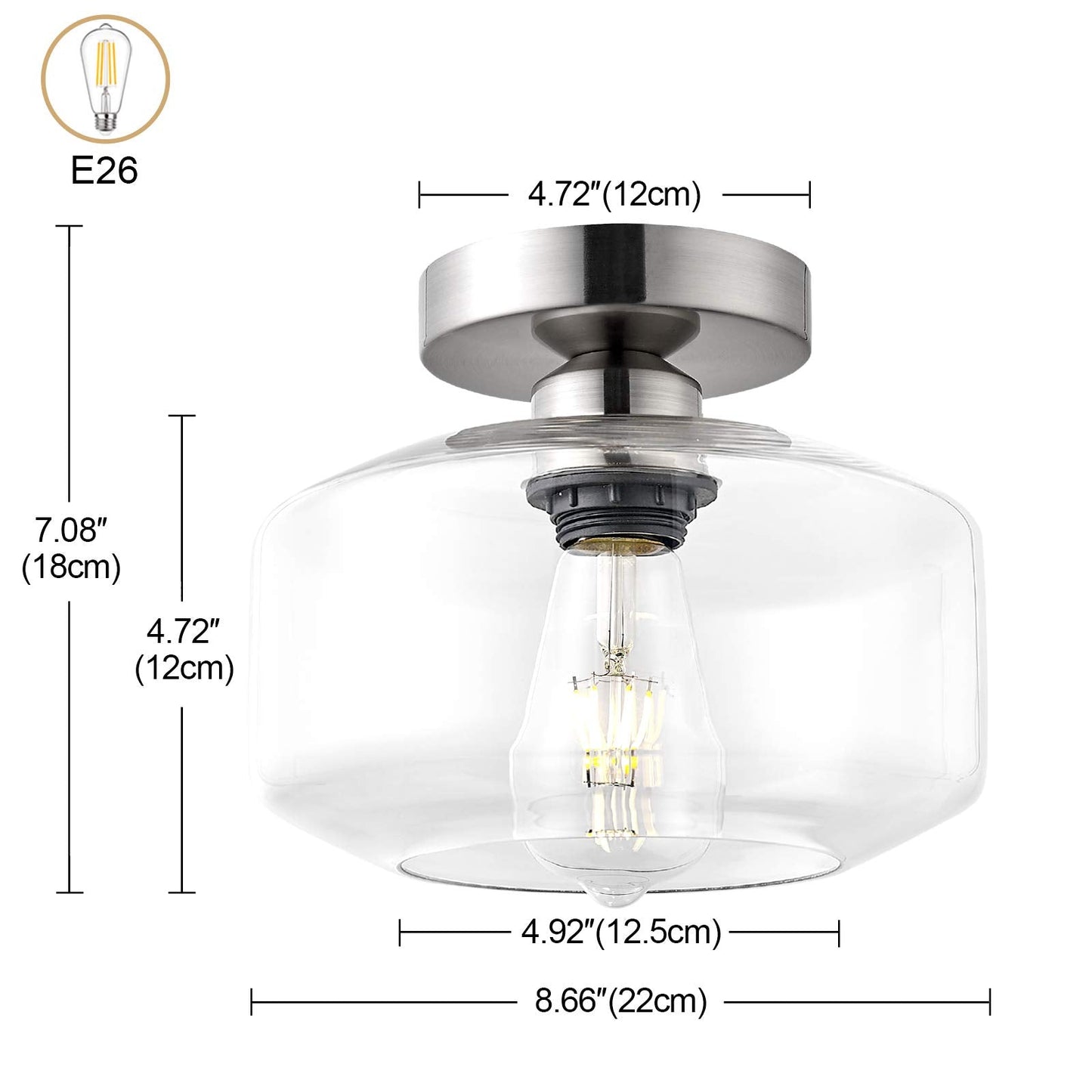 TeHenoo Semi Flush Mount Ceiling Light,Clear Glass Shade, E26 Socket,Brushed Nickel Ceiling Light Fixtures for Hallway,Entryway,Porch