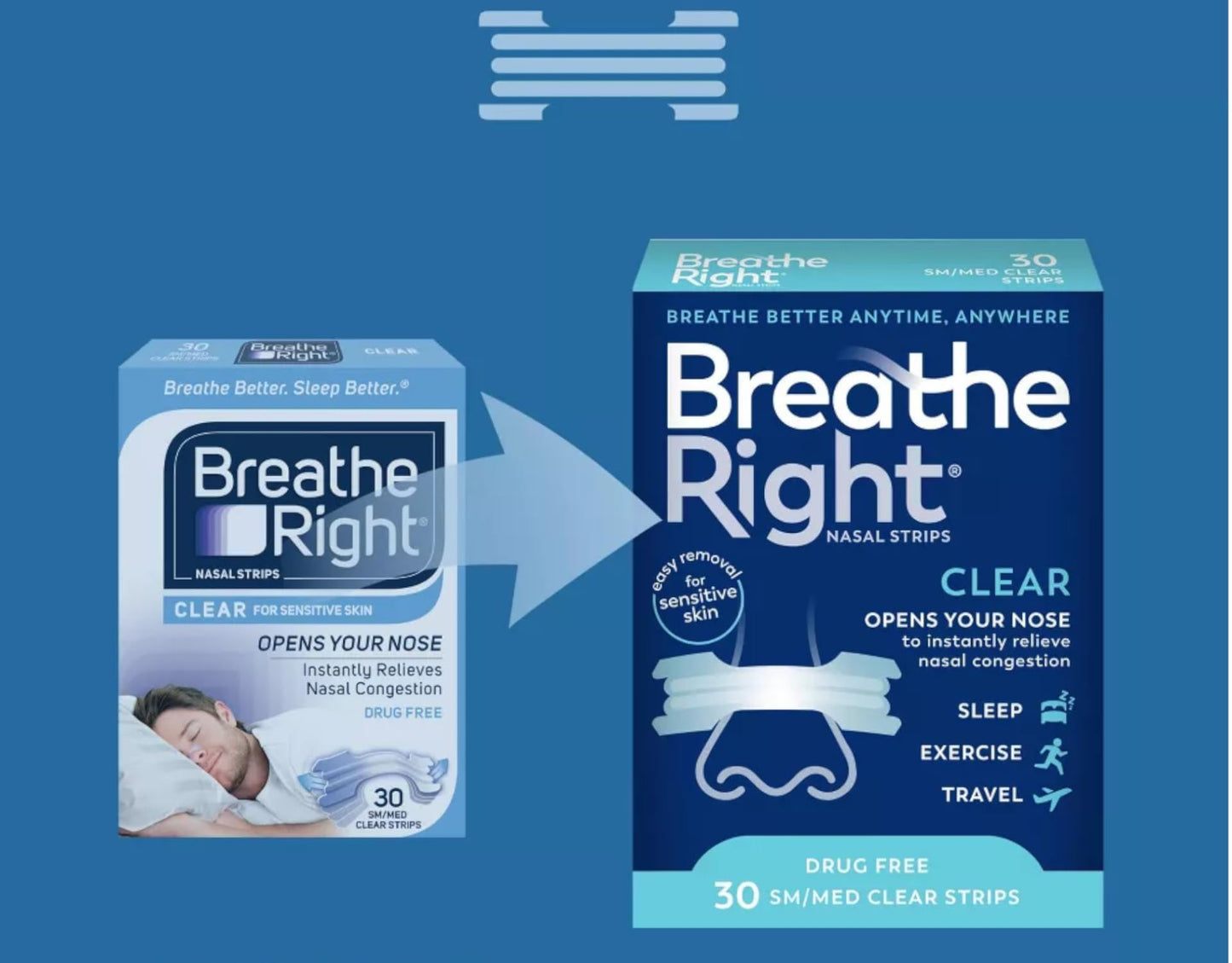 Breathe Right Nasal Strips - Clear - for Sensitive Skin - Sm/Med Clear Strips - 30 Count Strips Per Box - Pack of 3