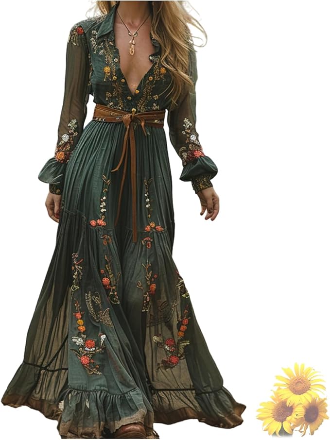 Womens Vintage Western Cowgirl Dresses, Lace Deep V Neck Long Sleeve Maxi Dress, Vintage Boho Western Dresses
