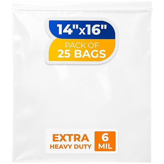 14" x 16" Large Zip Seal Lock Bags, 6 Mil (Pack of 25) – Heavy-Duty Reclosable Plastic Bags – Clear, Resealable, Waterproof – For Storing and Organizing Clothes, Jewelry, and Travel Items