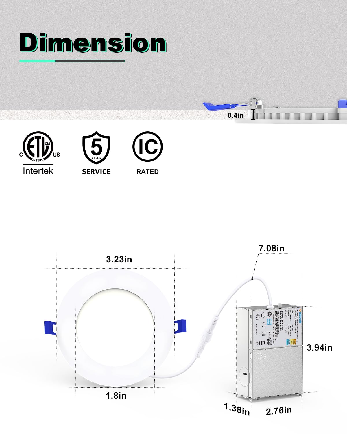 VOLISUN 24 Pack 3 inch Recessed Lighting, 5CCT LED Recessed Light with Junction Box, 2700K-5000K Selectable, Dimmable Canless Wafer Downlight, LED Ceiling Light ETL Certificated