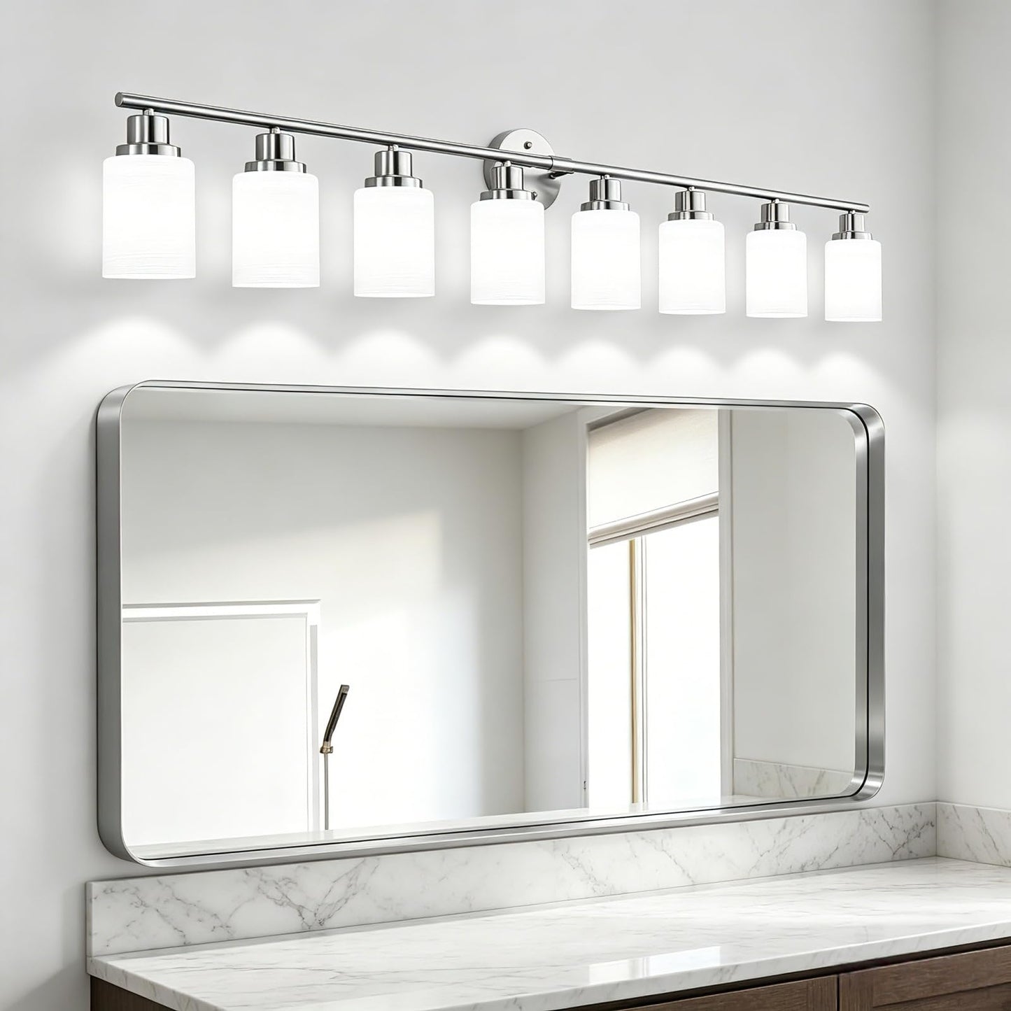 Guliaofo 8-Light Vanity Lights, Brushed Nickel Bathroom Light Fixture with Striped Textured Milky White Glass Shade, E26 Modern Vanity Lighting Fixture for Bathroom Wall Sconce Light Over Mirror