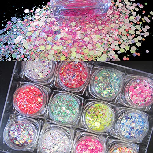 LoveOurHome 24 Box Iridescent Aurora Glitters Powder Pigment Nail Decorations Hexagon Chunky Flakes Sequins Accessories fo...