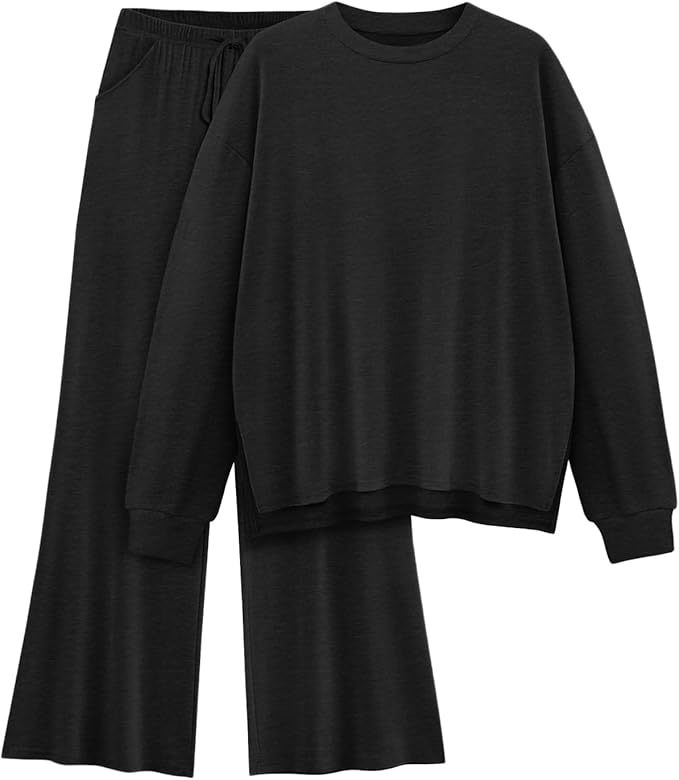 AmazingStar Womens Lounge Set 2025 Fall 2 Piece Outfits Long Sleeve Tops Wide Leg Long Pants Cozy Matching Sets Clothing