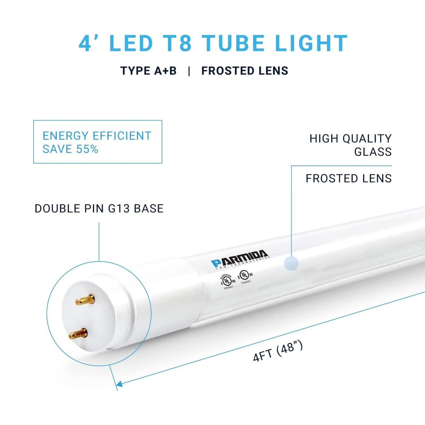 PARMIDA 20-Pack 4FT LED T8 Hybrid Type A+B Light Tube, 18W, Plug & Play or Ballast Bypass, Single-Ended OR Double-Ended Connection, 2200lm, Frosted Cover, T8 T10 T12, UL - 5000K
