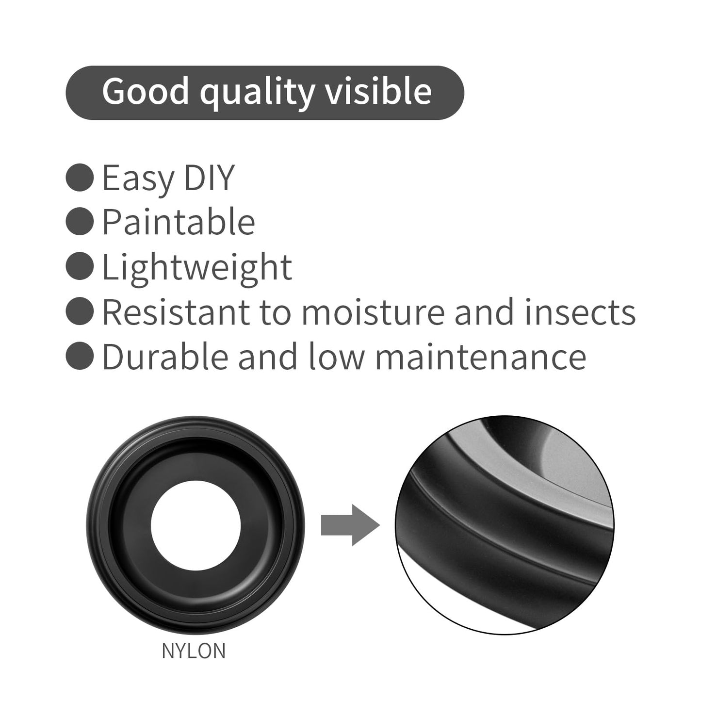 4 Packs Molded Nylon Ceiling Medallion for Light Fixtures and Ceiling Fans,10"OD x 4"ID x 1"P (Fits Canopies up to7-1/4") (Black)