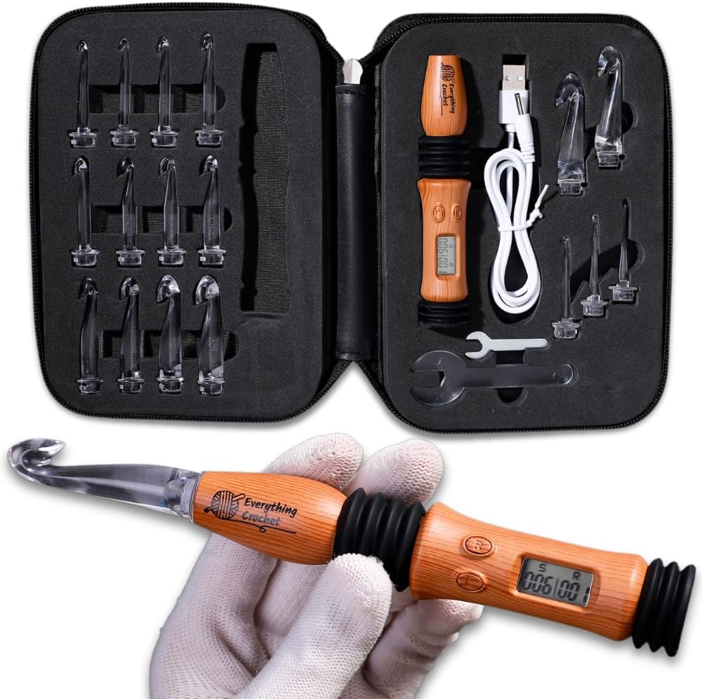 Everything Crochet Vintage Counting Crochet Hook Set with Light & Counter - Ergonomic for Arthritic Hands - Light up, Digital Stitch & Row Counter - 17 Size Interchangeable Hooks Kit - Cool Gift