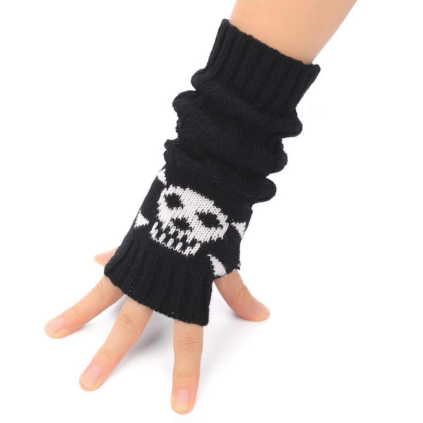 F Flammi Arm Warmers Goth Knitted Fingerless Gloves Punk Skull Hand Warmers for Cosplay Typing Driving