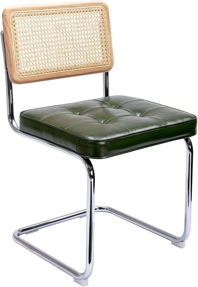 Zesthouse Natural Rattan Dining Chairs Set of 2, Modern Dining Room Chairs with Solid Wood Back for Kitchen Living Room, Mid Century Breuer Design Inspired, Upholstered Faux Leather Green