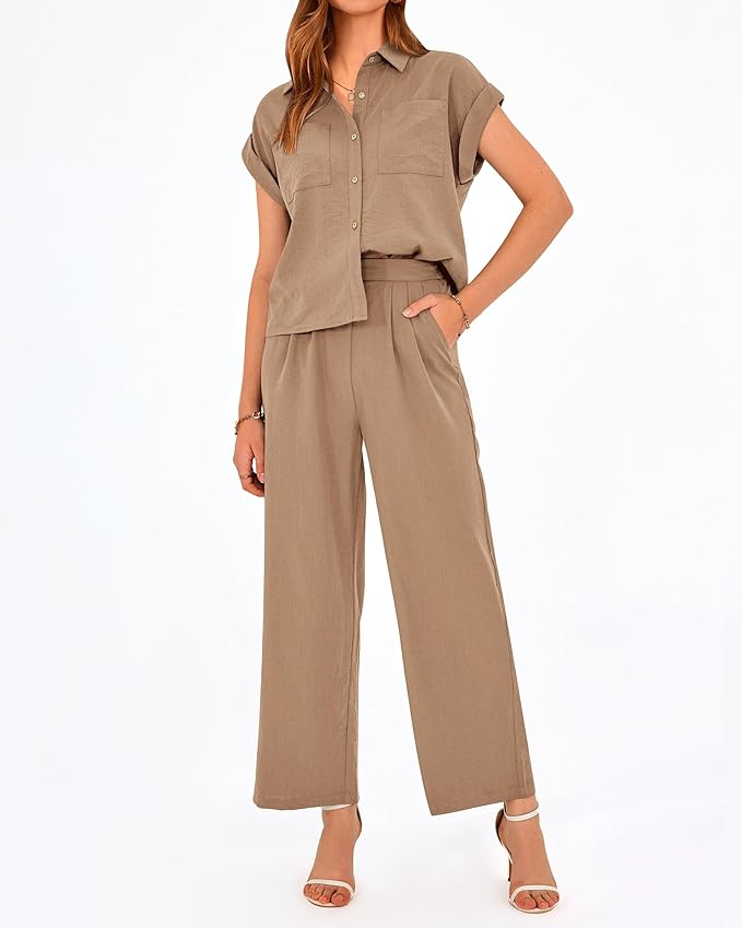 PRETTYGARDEN Womens 2 Piece sets Summer Cap Sleeve Tops Palazzo Pants Dressy Casual Vacation Travel Outfits Tracksuits