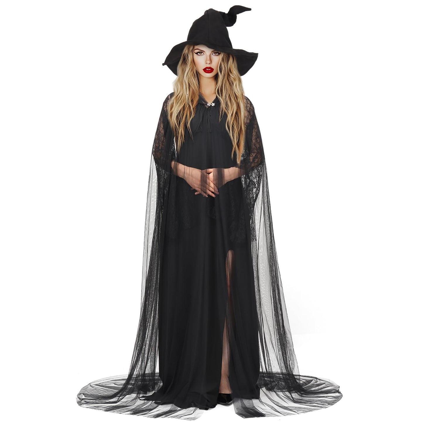 Ultrafun Halloween Witch Hat Costume for Women Full Length Sheer Witch Cloak with Hood for Cosplay Costume (Black)