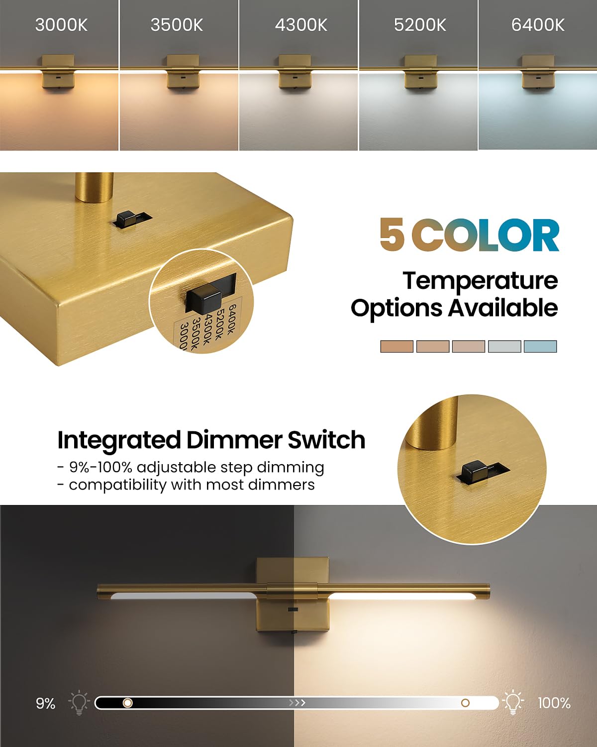 Faziyo Gold Vanity Light Fixtures for Bathroom Over Mirror 24 inch LED Bath Sconces IP44 5CCT Adjustable Morden Picture Lights for Paintings (Built-in Dimmer)