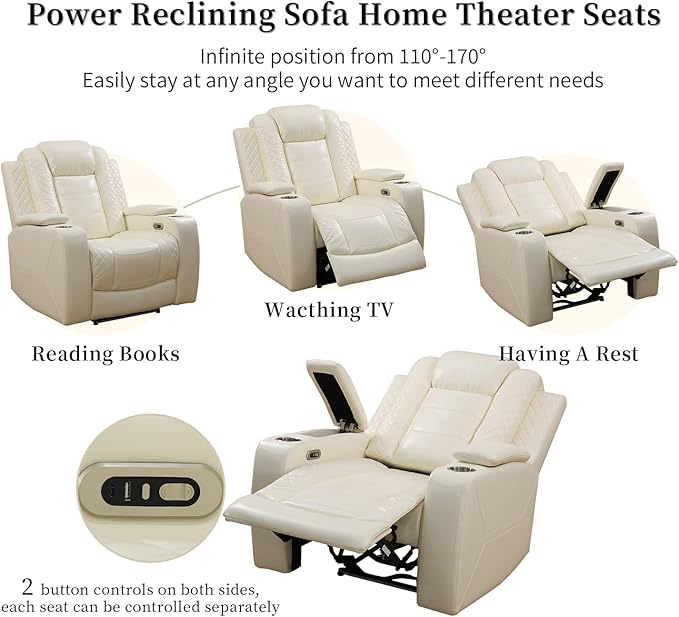 Caberryne Power Recliner Chair with LED Lights,Leather Reclining Couch with Storage Console/Arm Cup Holder for House/Home Theater/Small Space/Rv(Single Chair,Creamy)