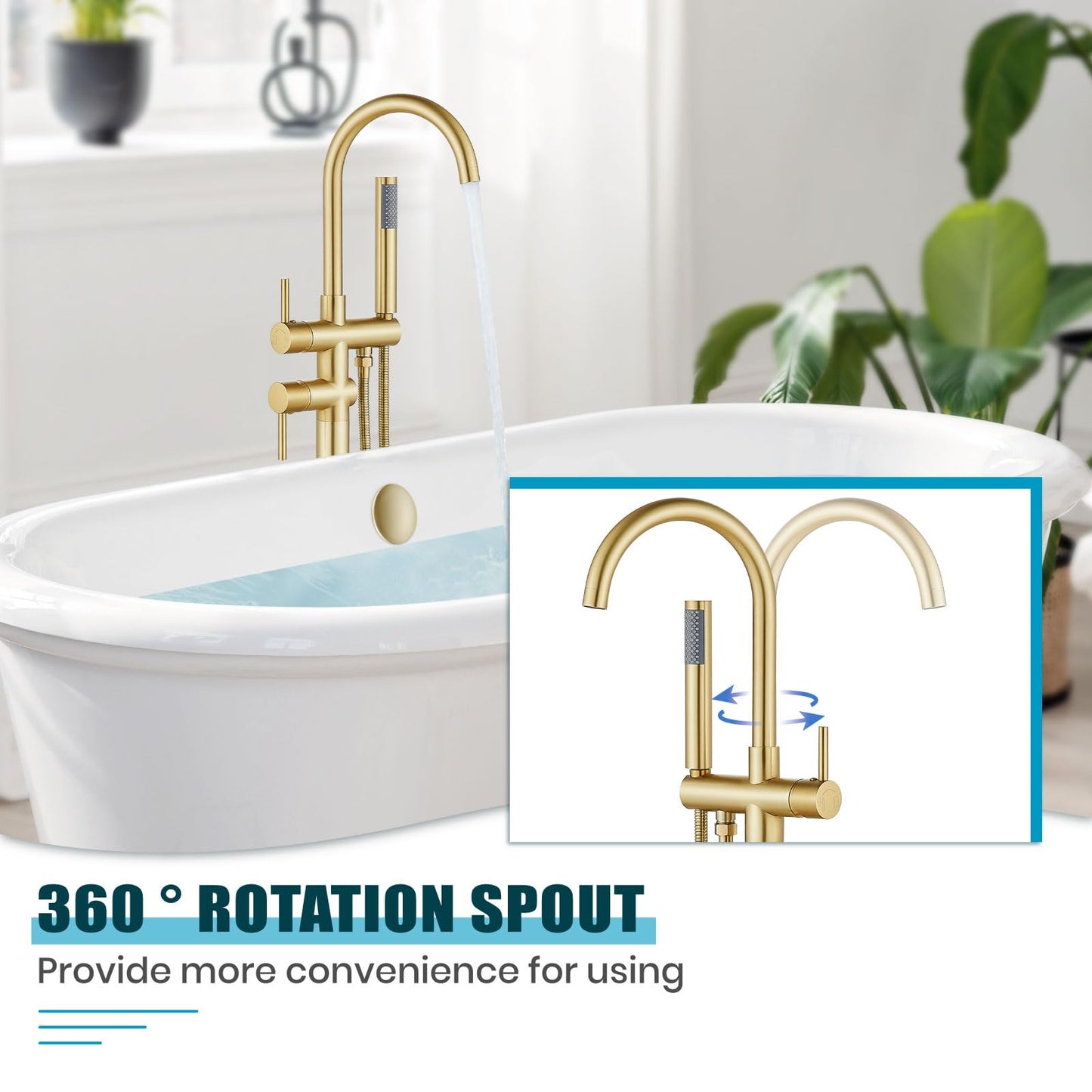 gotonovo Floor Mount Bathtub Faucet High Flow Freestanding Tub Filler Standing Shower Faucets with 360° Swivel Gooseneck Spout and Cylinder Handheld Spray, Brushed Gold