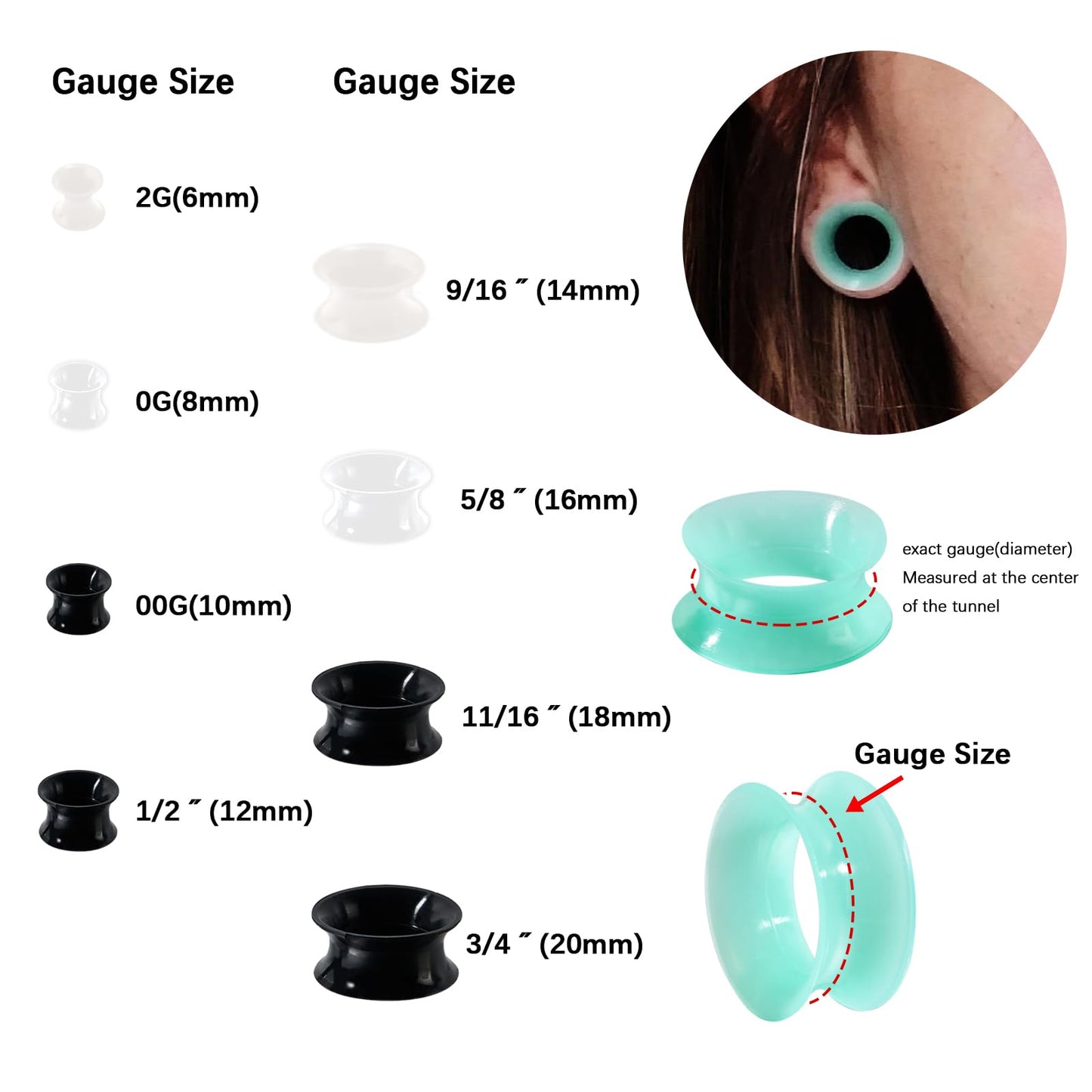 Stuppendux 4Pairs Black White Transparent Turquoise Soft Silicone Flexible Ear Skin Tunnels Plugs Expanders Gauges Hollow Body P