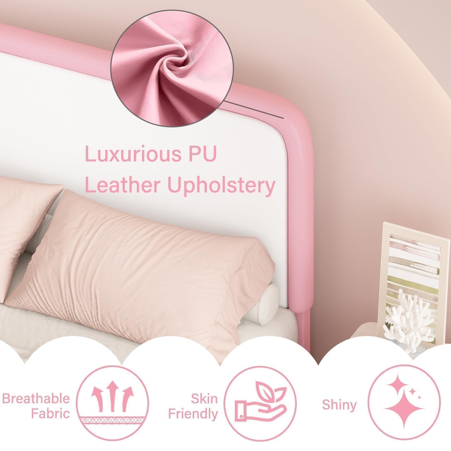 Twin Bed Frame with Headboard, Bed Frame Twin Size with Wood Slats Support, No Box Spring Needed, Easy Assembly, Pink