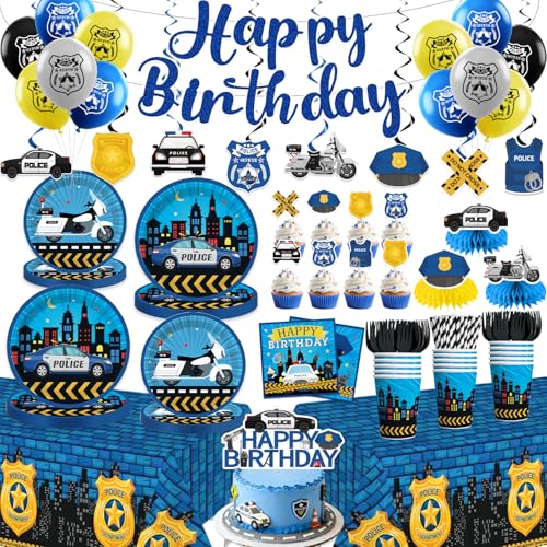 Yingoto 189pcs Police Birthday Party Decorations Tableware Complete Set, Serves 25 Guests, Police Party Decorations Kit wi...