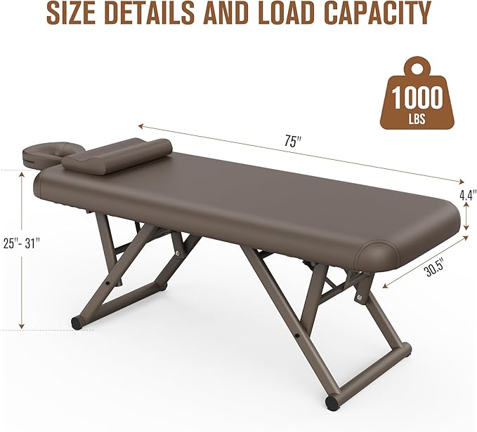 pouseayar Adjustable Massage Table with Face Pillow & Headrest, Sturdy and Solid, Silent and Easy to Adjust - Adjustable Backrest, Brown