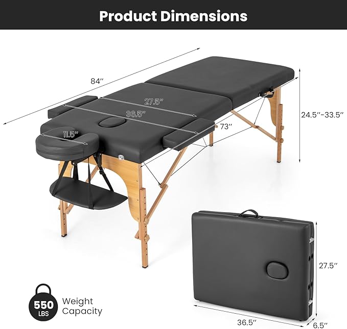 Giantex Massage Table, Portable Massage Bed w/Carrying Case, 2-Section Salon Spa Facial Care Tattoo Bed, Height Adjustable, Wood Frame, Professional Massage Lash Bed for Eyelash Extension (Black)