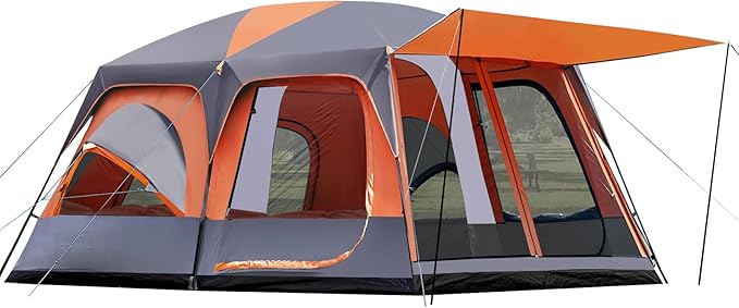 8–10-12 Person Camping Tent, 2 Room Family Tent with Zippered Divider, Porch, Rainfly, Extra Large Waterproof Cabin Tent w...