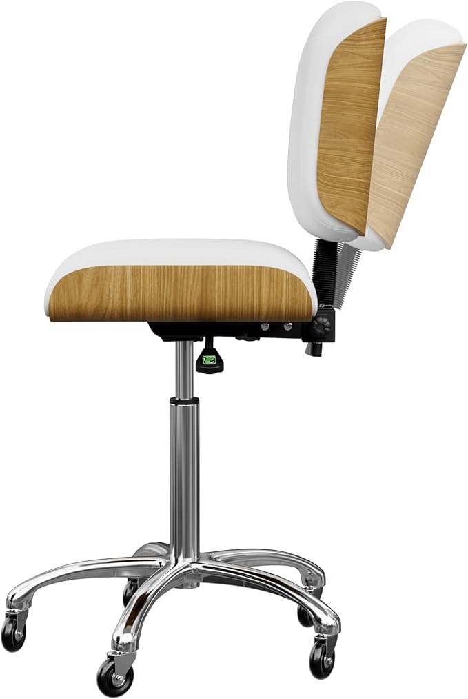 Spa Numa Bentley Beauty Esthetician Nail Salon Stool Rolling Chair with Adjustable Backrest, Flat Square Seat, Metal Bar, Vegan Leather Upholstery for Beauty Exam Office and Home - 1071 (White)