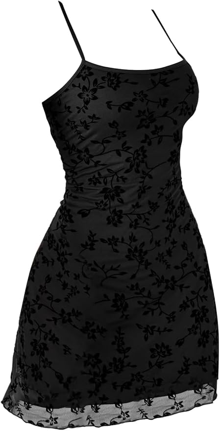 Verdusa Women's Mini Dress Floral Spaghetti Strap Mesh Dresses Going Out Festival Concert Outfits Grunge Gothic Clothes