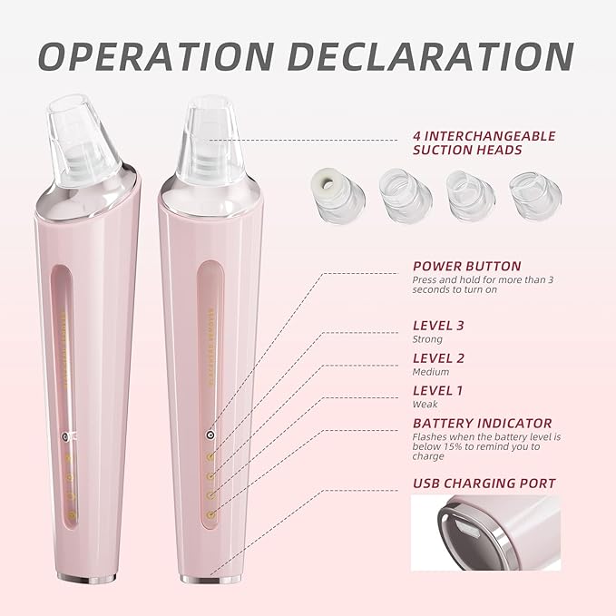 Blackhead Remover Vacuum, Pore Cleaner Blackhead Extractor, Pore Vacuum with 3 Adjustable Suction Levels & 4 Probes, USB Rechargeable Blackhead Remover Tools for Face & Nose (Pink)