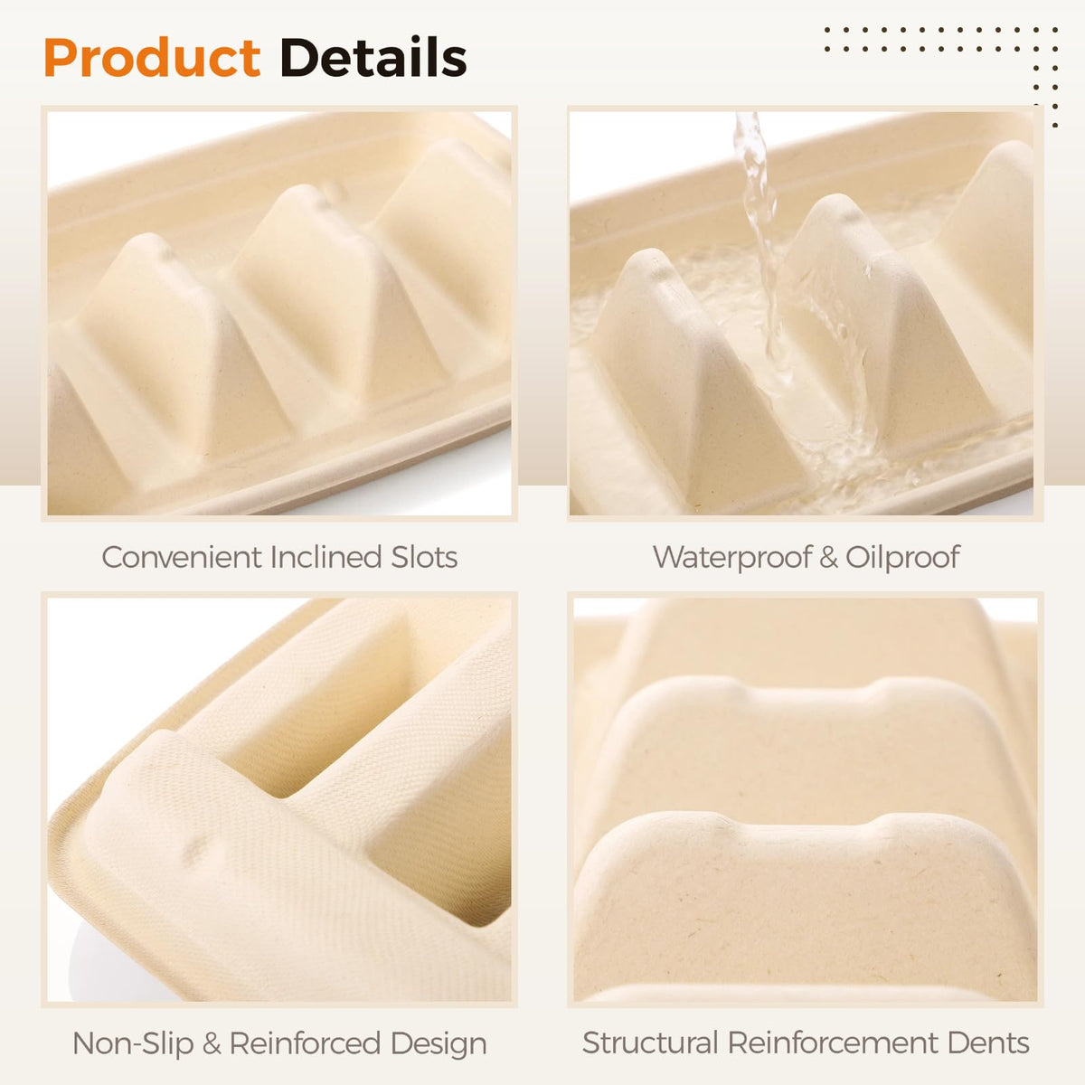 JUSTDOLIFE 150 PCS Disposable Taco Holders for Party, Bagasse Pulp 3-Slot Taco Plates, Taco Plates With 3 Dividers, Recyclable Plant Fiber Food Serving Tray for Taco Sandwich Pancake Hot Dog