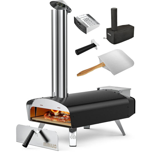 Mimiuo 12" Outdoor Wood Pellet Pizza Oven, 34.8 lbs Heavy Duty Stainless Steel Pizza Stove - 60 Second Pizza, Includes 13" Square Stone Foldable Peel & Cover - Portable for Backyard Camping