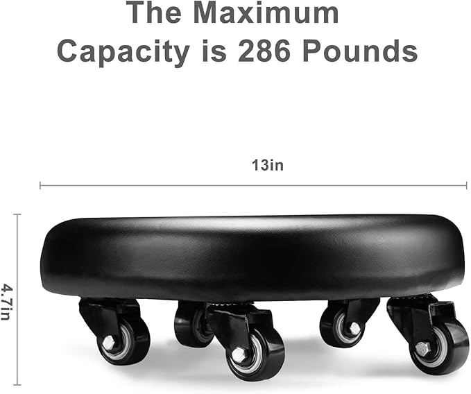 IMMER LIEBEN Low Rolling Stool with Wheels Low to Ground Roller Seat with 5 Universal Swivel Caster Wheels for Home Office Garage Shop Stools PU Leather High Density Cushion and Steel Black