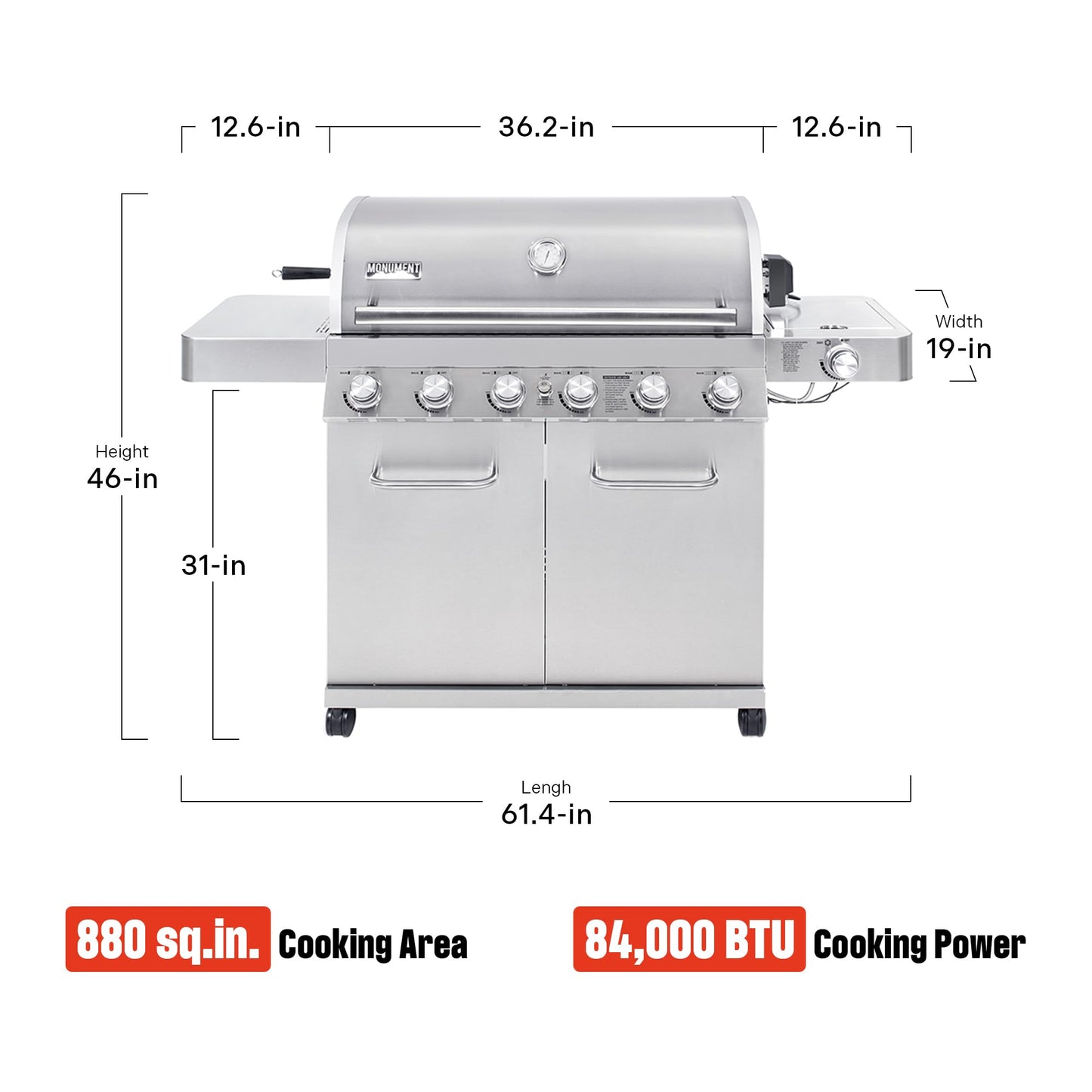 Monument Grills 6 Burner 640 sq.in. Stainless Steel Propane Gas Grill with a Rotisserie Kit, a Side Burner, a Built-In Thermometer, Large Cabinet Style Grill