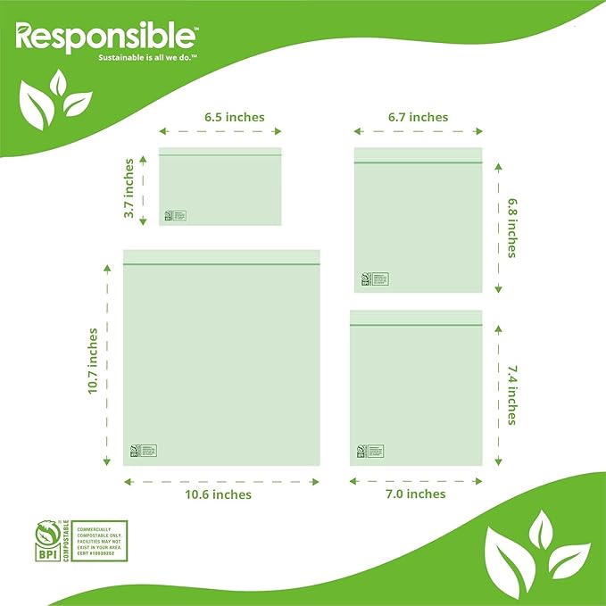 Resealable Zip Bag Value Bundle Pack - Certified Compostable (1 Box of Each - Sandwich, Snack, Quart, and Gallon) - 250 Total Bags Included