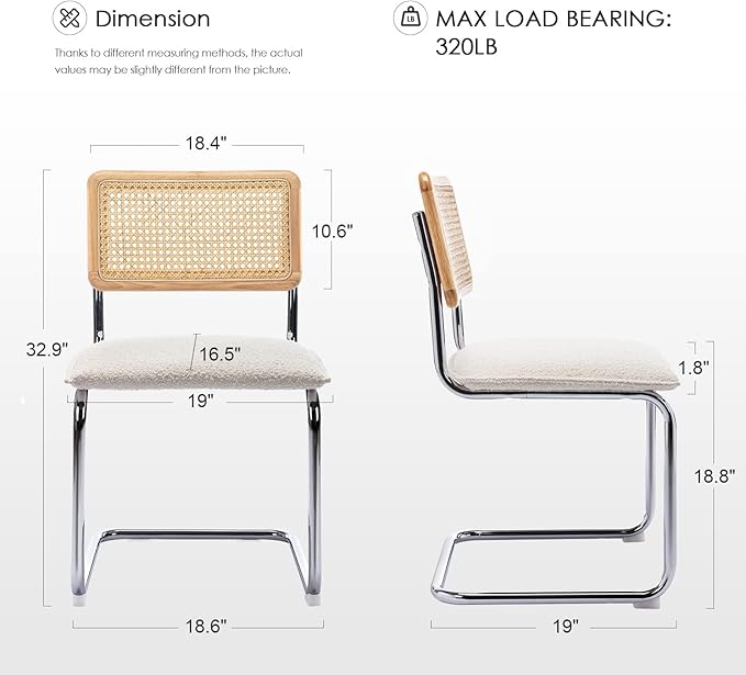 Zesthouse Rattan Dining Chairs Set of 6, Mid Century Modern Dining Room Chairs with Natural Cane Mesh & Chrome Base, White Cesca Chair Boucle Fabric, Farmhouse Kitchen Chair with Solid Wood Frame Back