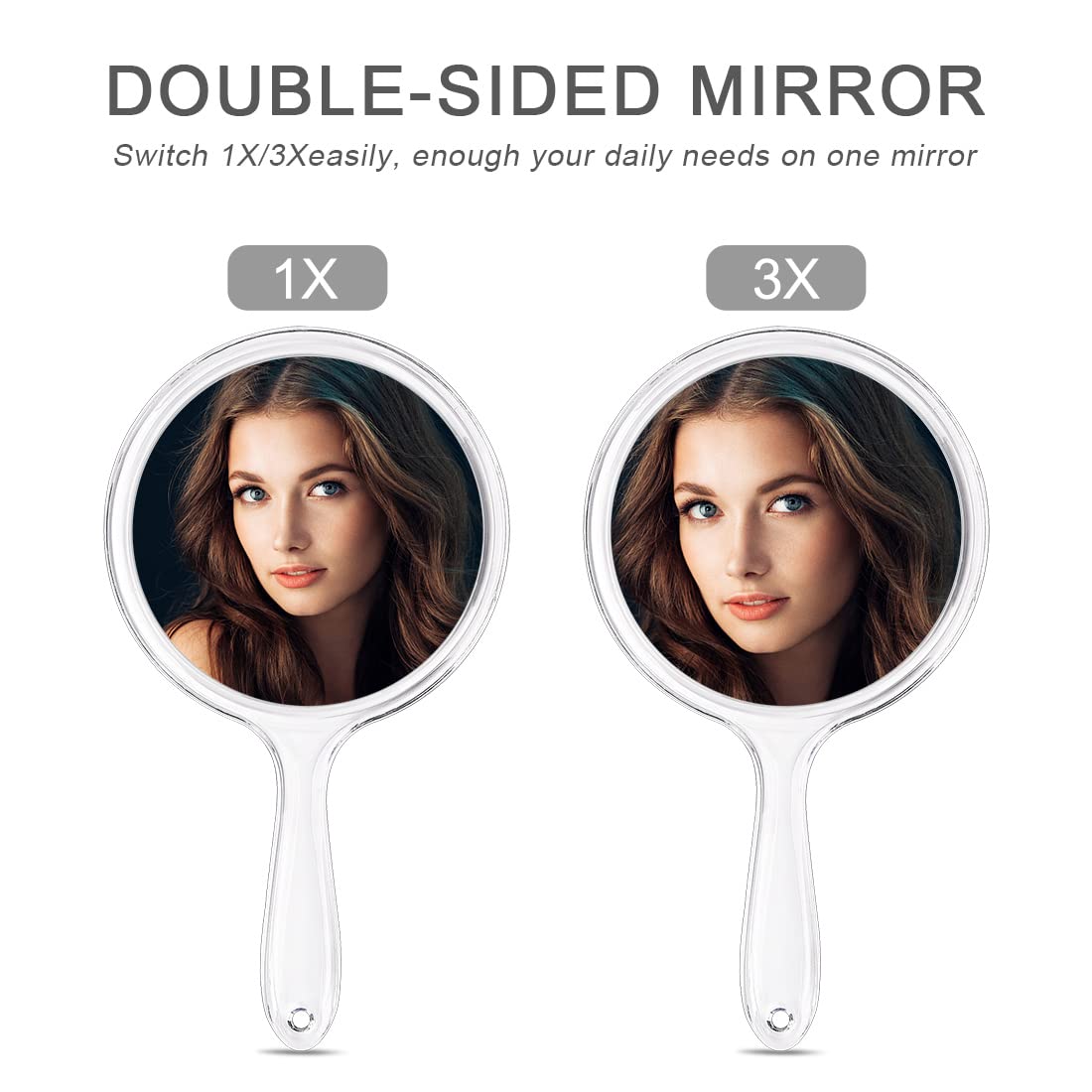 Kmchilj Makeup Hand Mirror, Double-Sided 3X 1x Magnifying Large Travel Handheld Mirror Cosmetic Mirror Acrylic Clear Finish Roun