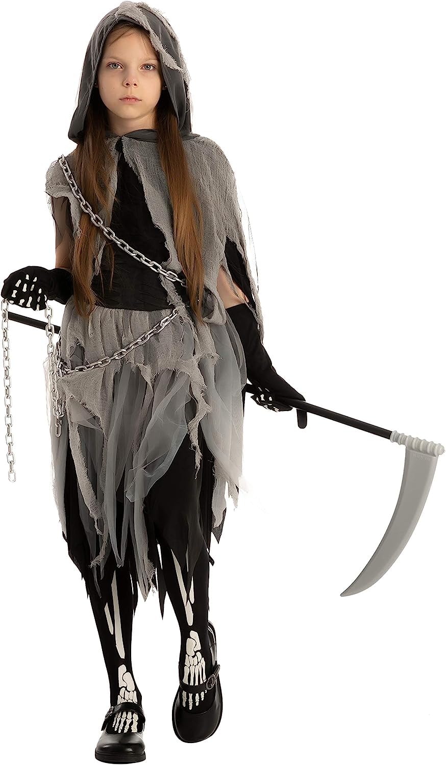 Spooktacular Creations Girl Grim Reaper Costume with Gloves and Tights Glow in the Dark, Scary Halloween Costume for Dress Up Party-M(8-10yr)
