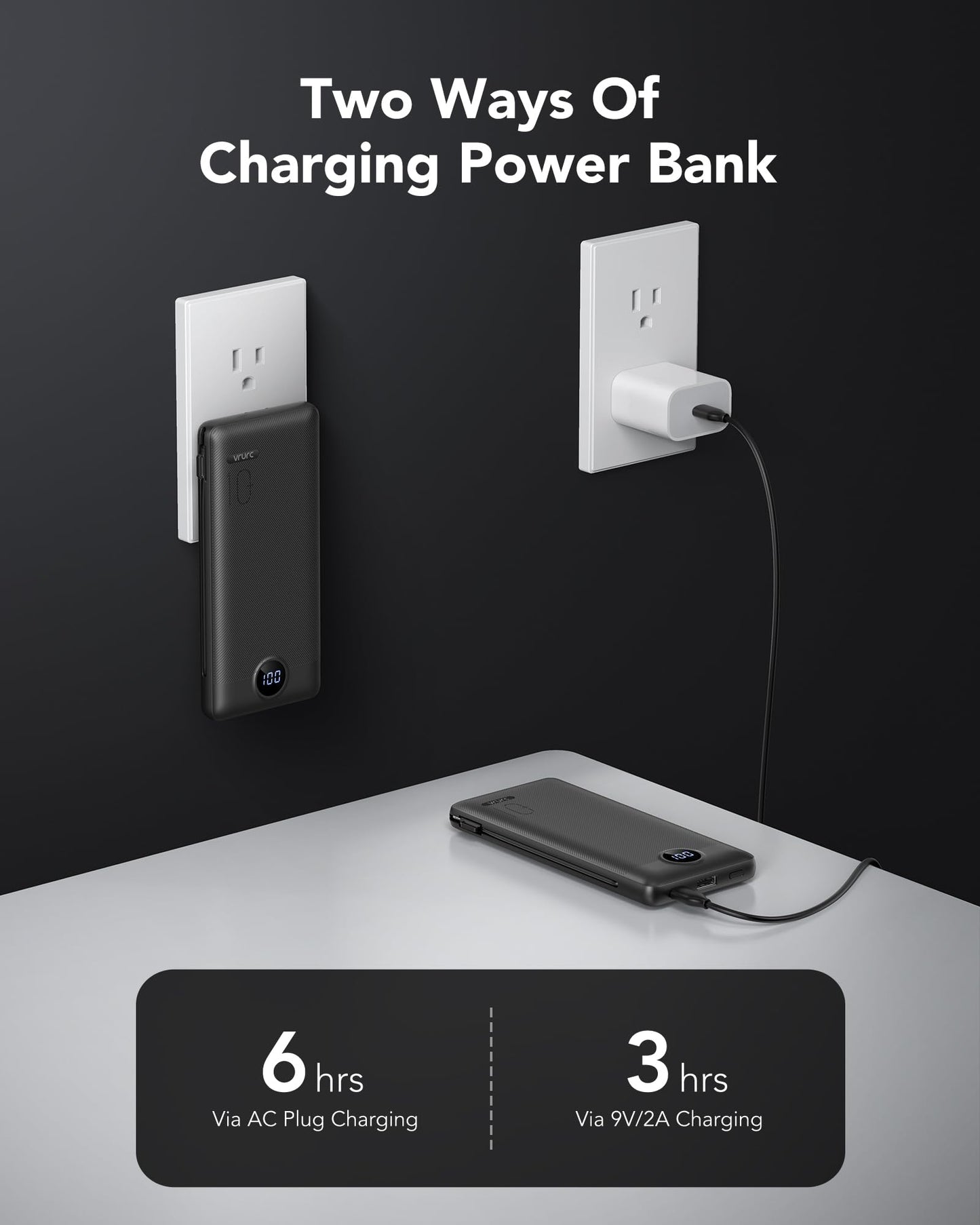 VRURC Portable Charger 10000mAh with Built-in Cables, PD 20W Fast Charging, Black, Model T18, Travel Accessories