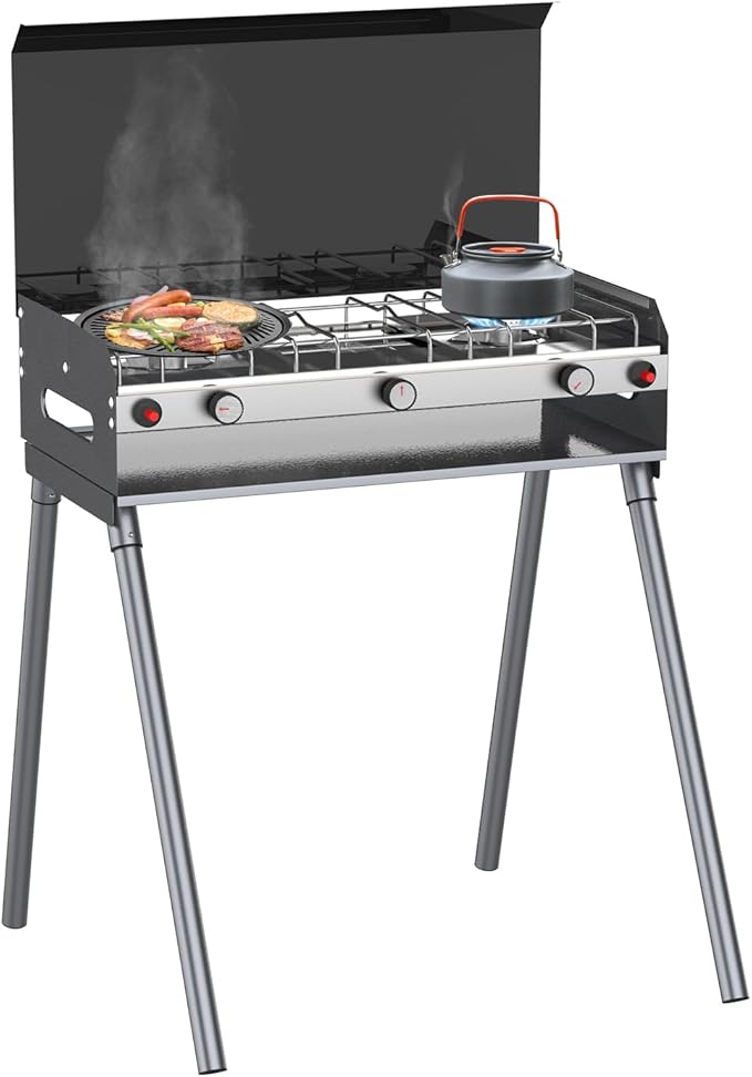 CAMPLUX 2 Burners & 1 Grill Propane Camping Stove, 15,000 BTU Portable Outdoor Propane Camping Grill Burner with Free Stan...