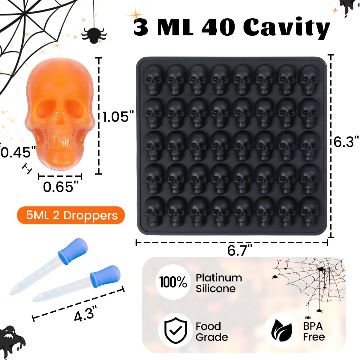 Skull Silicone Mold, 3ml Gummy Molds 4 Pack Silicone Skull Molds for Baking, Nonstick Halloween Candy Molds for Making Mini Gummies, Candy, Chocolate, Ice Cube