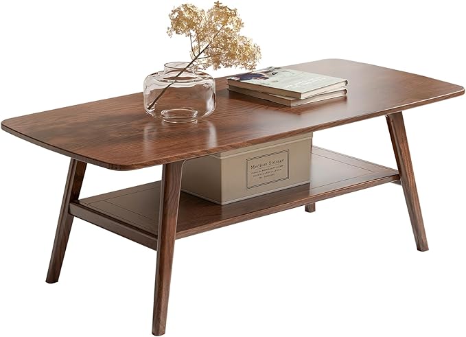 Wayshome 100% Solid Oak Wood Coffee Table with Storage Shelf, 2-Tier Rectangle Coffee Table for Living Room, Modern Center Table for Living Room (Walnut Colour, 47.24" W x22.05 D x 17.32" H)