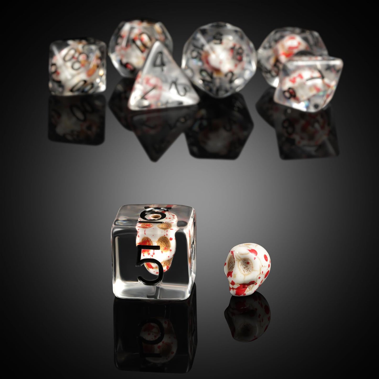 DNDND Blood Spot Skull Resin Dice Set with Velvet Pouch for Dungeons and Dragons DND Role Playing Games and Tabletop Games