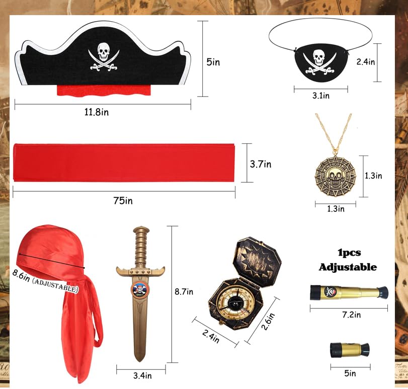 GZ-LAOPAITOU 8 Pcs Pirate Accessories Set Kids Captain Role Play Pirate Costume Accessories Halloween Cosplay, Black