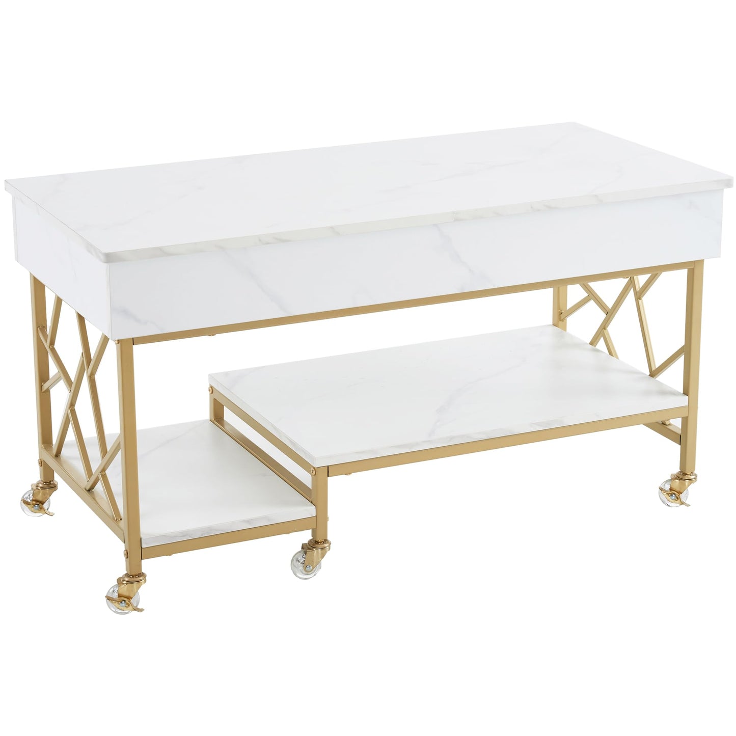 ivinta Lift Top Coffee Table, Lift Up Wooden Central Table with Hidden Storage Compartment and Open Storage Shelf for Living Room Home Office 1150 (White and Gold)