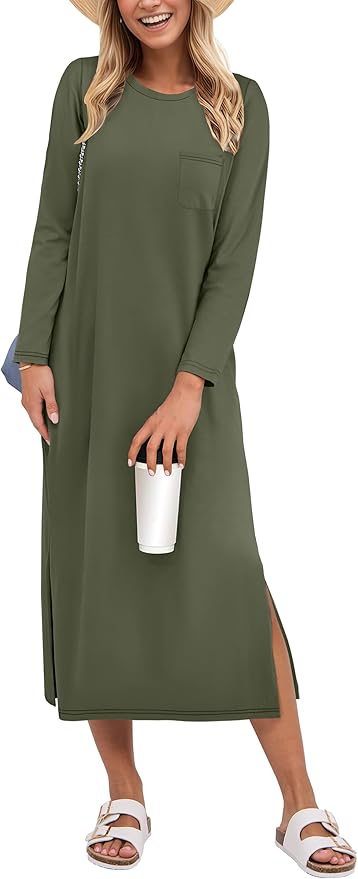 ANRABESS Womens 3/4 Sleeve Striped Slit Midi T Shirt Dresses 2026 Summer Casual Beach Vacation Clothes Spring Travel Sundress