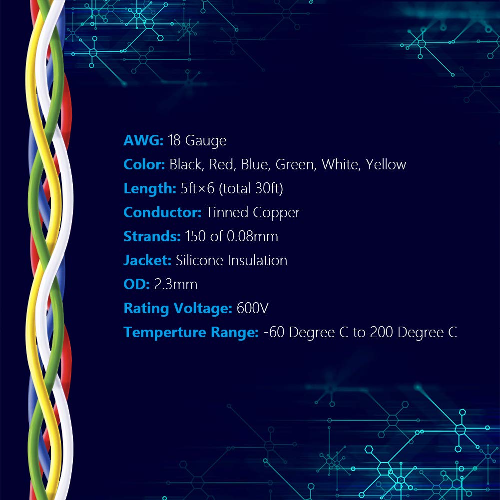 Fermerry 18 AWG Stranded Wire Spool 5ft Each 6 Colors Flexible 18 Gauge Silicone Hook up Wire Kit Electrical Tinned Copper Wire