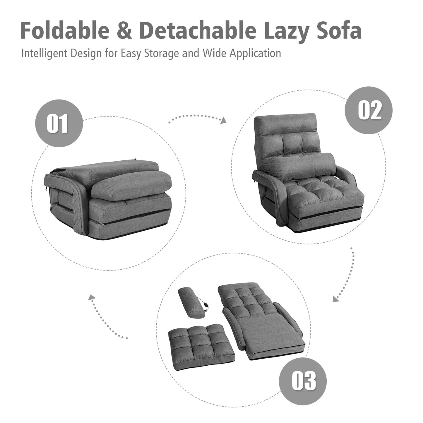 Giantex Folding Floor Chair with 6-Position Adjustable Backrest, Armrests & Removable Pillow, 330Lbs Capacity, Indoor Lazy Sofa Armchair, Chaise Lounger, Gaming Recliner for Living Room Bedroom, Grey